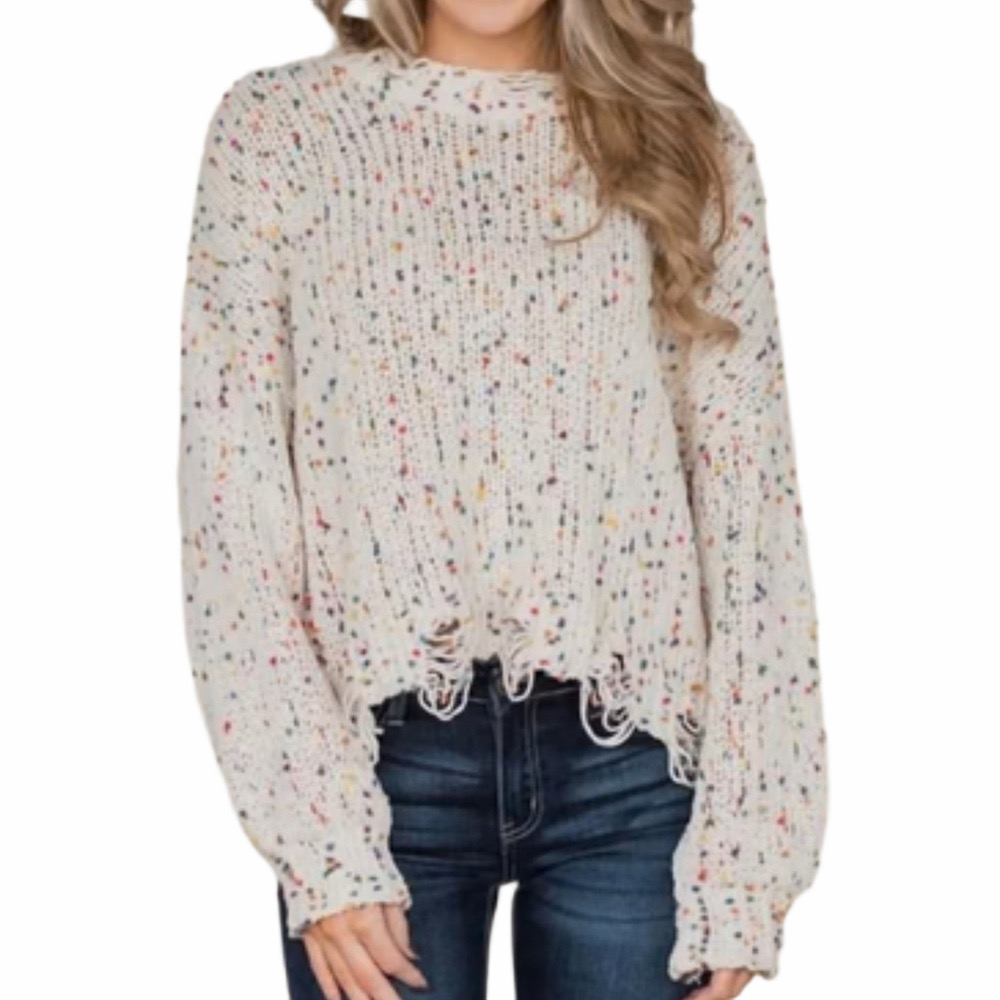 POL Confetti Cream Chunky Knit Sweater Size S Boho Distressed Oversized Rainbow
